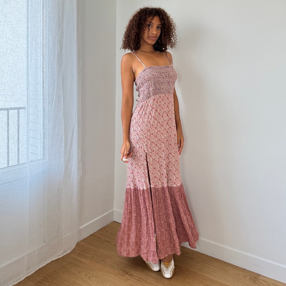 Vintage Floral Print Smocked Maxi Dress Adjustable Straps Side Slit (S/M)